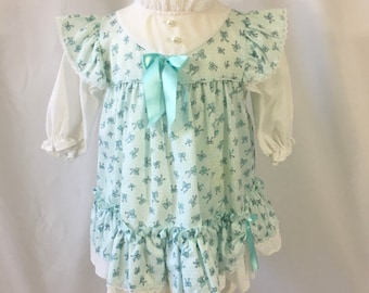 Little Girl’s Vintage 80’s Blue Bow Print Pinafore Style Dress 2T - Vintage 2T Dress - Pinafore Dress