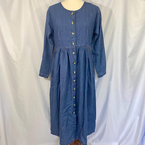 Vintage 90's Y Not Denim Long Sleeve Midi Dress Size Small Medium - Vintage Denim Dress - Vintage Teacher Dress - 90's Denim