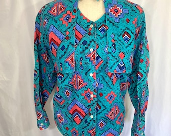 Camisa vaquera vintage de los 90 con estampado del suroeste, talla pequeña/mediana.