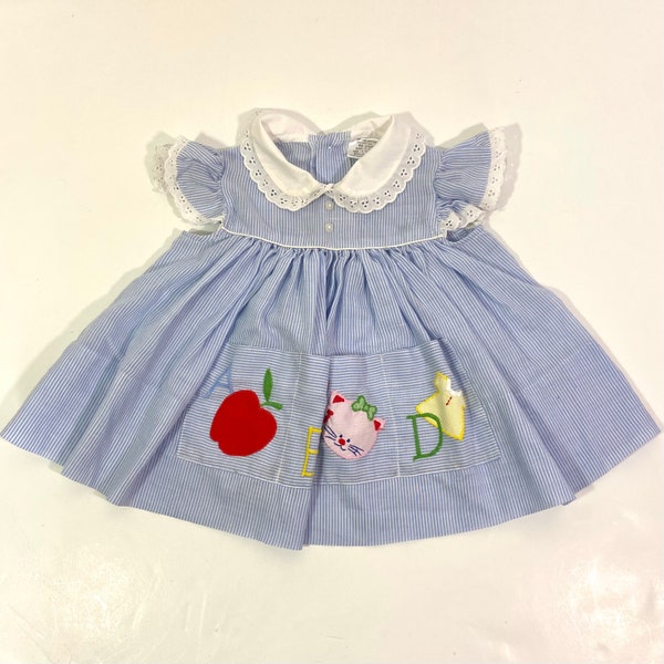 Baby Girl’s Vintage Blue and White Striped ABC Dress 18 Months - Vintage 18 Month Dress - Vintage Back to School Dress - Vintage Pocket Dres