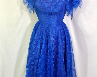 Vintage JC Penney 80’s Prom Dress Blue Lace XS 3 4 - Vintage Formal Dress - XS Prom Dress - Vintage Lace Dress - Midi Prom Dress