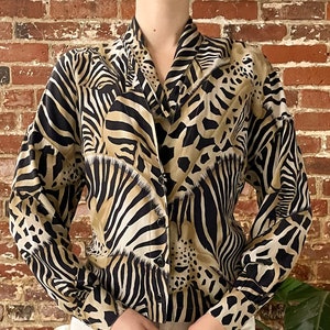 Vintage 80s “Escada Margaretha Ley” Giraffe Zebra Print Silk Blouse - Size 34 - Small