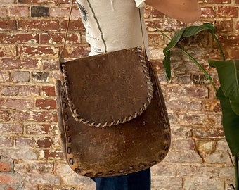 Vintage 1970s Brown Whip Stitched Leather Satchel - 70s Distressed Floral Tooled Leather Shoulder Bag - Boho Hippie Leather Purse