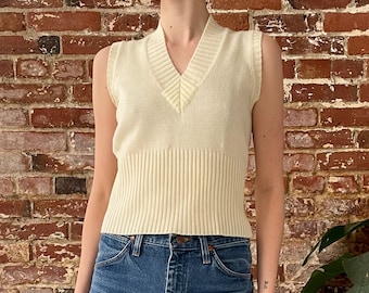 Vintage 70s Cream Knit V-Neck Sweater Vest - Small Medium