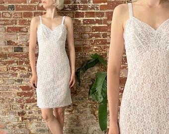 Vintage 60s Pin Up White Lace Slip Dress - St Michael Made in Great Britain - Medium Size 34-36" Bust C/D Cup