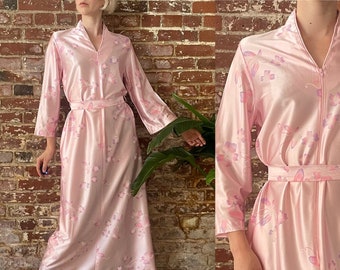 Vintage 1960s Pink Butterfly Floral Print Nylon Dressing Gown - Zip Front Belted Dressing Gown Lounge Dress - Small/Medium