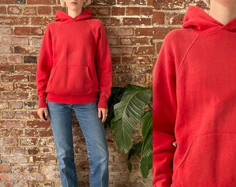 Vintage 1960s Beautifully Faded Red Hoodie - 60s Soft Sun Faded Worn In Red Hooded Sweatshirt - Men's Med Women's M/Lrg