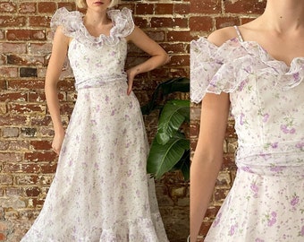 Vintage 1970s Purple Floral Prairie Maxi Dress - 70s Floral Overlay Off The Shoulder Ruffle Collar Maxi Dress - XXS 23 Waist