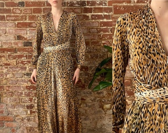 Vintage 1960s Bonwit Teller Fifth Avenue Leopard Disco Jumpsuit - Wide Leg Palazzo Pants Jumpsuit - Deep V Neckline - Tie Waist - Small