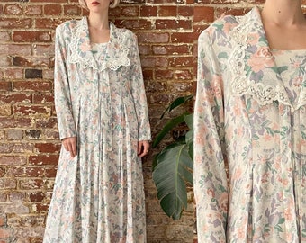 Vintage 1980s Scott McClintock Oversized Collar Floral Rayon Dress - Gunne Sax Pleat Floral Dress - Size Tag 12 Fits Large to XL