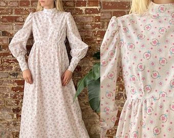 Vestido largo estilo pradera vintage, romántico, blanco, con flores, mangas obispo, años 70, confeccionado a mano - Talla pequeña (cintura 27)