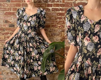 Vintage 1980s Black Floral Cotton Sweetheart Neckline Dress - 80s Romantic Puff Sleeve Floral Princess Dress - Brandywine Creek - Medium