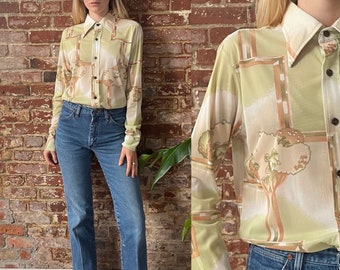 Vintage 1970s Bird Tree Novelty Print Blouse - 70s Lime Green Trees and Birds Novelty Print Button Up - Sears - Med Long