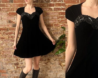 Vintage 1990s Black Velvet Cut Out Back Skater Mini Dress With Sequin - 90s does 50s New With Tags Maurice's Skater Dress - Small 28" W