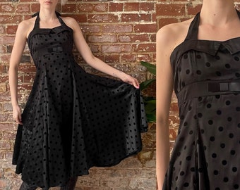 Vintage 1990s Does 1950s Black Satin and Velvet Polka Dot Swing Dress - 90s Black Satin Halter Dress -  Collectif Brand - Small/Medium