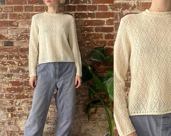 Vintage 1970s Cream Wool Blend Crochet Crewneck Sweater - Tricot D'or - Made in Canada - Medium