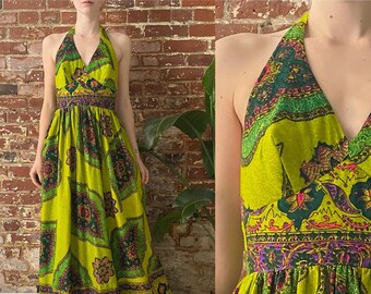 Vintage 1970s Cole of California Green Paisley Print Halter Dress - 70s Paisley Open Back Halter Maxi Dress - Small - C Cup