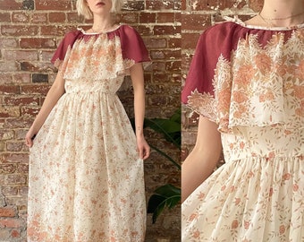 Vintage 1970s Ruffle Collar Floral Maxi Dress - Beige Burgundy Floral Boho Prairie Maxi Dress - Union Made in USA - 28 Waist