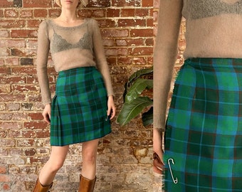 Vintage 1970s Green Teal Plaid Wool Kilt Skirt - 70s Aljean Green Large Check Wool Wrap Mini Skirt - Pleated Wool Kilt With Pin - 23 Waist