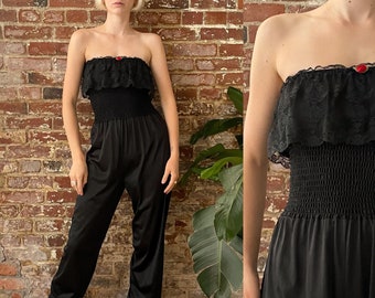 Vintage 1980s Black Nylon Strapless Lingerie Jumpsuit - Balloon Legs Cinched Waist - Made in USA - Small