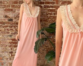 Vintage 70s Pink Lace Ruffle Collar Maxi Slip  -  Medium