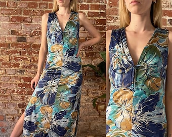 vintage années 1970 Bleu et Vert Floral Hawaiian Tank Maxi Dress - Robe hawaïenne à grandes fleurs des années 70 - Fentes latérales ourlet - Deep V - Taille Petite