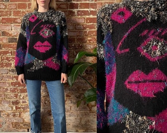 Vintage 1980er Mohair-Strickpullover mit abstraktem Gesicht – 80er-Jahre-Pullover aus schwarzem abstraktem Kunst-Lippen-Wimpern-Garn – Klappkragen – Handgestrickt – Medium