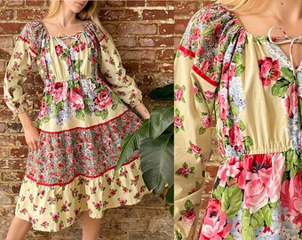 Vintage 1970s Floral Balloon Sleeve Prairie Dress - 70s Yellow Rose Floral Off The Shoulder Tiered Midi Dress - Stretch Waist  - S/M