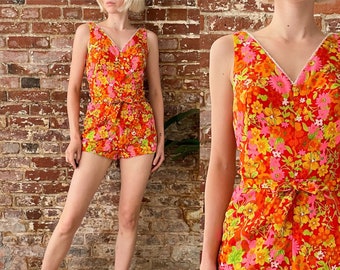 Vintage 1960s Orange Floral Barkcloth Playsuit - 60s Floral Bullet Bra One Piece Swimsuit - Small 25 26 Waist