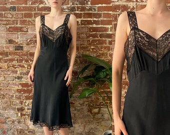 Vintage 1940s Fischer Heavenly Black Silk Slip Dress - 40s Fischer Lace Trim Black Silk Slip Dress - Small Med 28 Waist Bias Cut