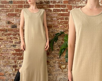 Vintage 1990s Minimalist Beige Raw Silk Tank Dress - 90s Neutral Raw Silk Sleeveless Maxi Dress - Small, Loose Fit