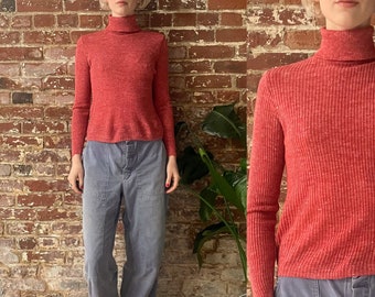 Vintage 1970s Heathered Rust Red Ribbed Knit Turtleneck Linen Blend Sweater - Red Spacedyed Turtleneck - Made in Canada - Small/Med