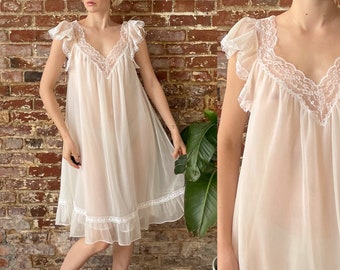 Vintage 1960s White Sheer Overlay Flutter Sleeve Slip Dress - Babydoll Slip - Medium Loose Fit