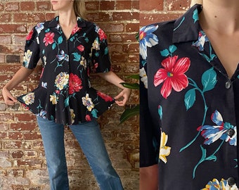 Vintage 1980s Black Floral Peplum Blouse - 80s Collared Peony Floral Rayon Blouse - Button Up Peplum Top - Black Red Blue - Lrg