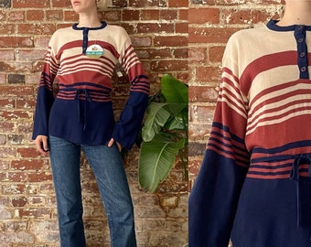 Vintage 1970s NWT Striped Bell Sleeve Tunic Sweater - Removable Tie Belt - Deadstock w Original Tags - Small