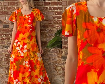 Vintage 1970s Mark Christopher Hawaii Orange Floral Flutter Sleeve Maxi Dress - 70s Hawaiian Barkcloth Cotton Maxi Dress - XS/S 28" Waist