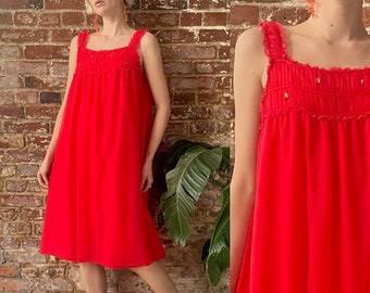 Vintage 1960s Bright Red Nylon Overlay Trapeze Babydoll Slip Dress - Ruched Bust Line - Lace Trim - Medium