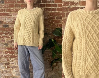 Vintage 1960s Cream Cable Knit Wool Crewneck Sweater - Hand Knit Fisherman's Knit Jumper - Large