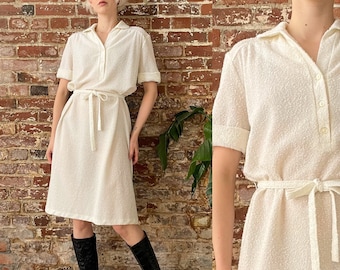 Vintage 1970s Cream Terrycloth Tie Waist Dress - Collared A-Line Terry Midi Dress - Med/Large