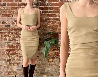 Vintage Early 2000s y2k Le Chateau Beige Ruched Fitted Dress - Small Stretchy - Made in Canada