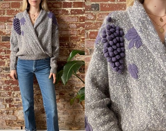 Vintage 1980s Purple Grape White Cowl Neck Wrap Sweater - 80s Purple Speckled Wool Blend Wrap Jumper - Flower Grape - Open Fit S-L