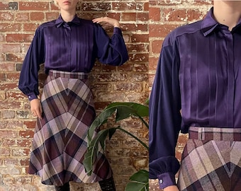 Vintage 1980s Purple Silk Escada Blouse - 80s Escada Purple Pleated Silk Blouse - Made in Germany - Size 34 Med/Lrg