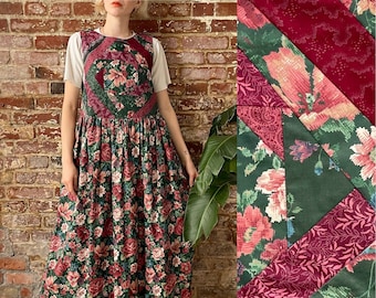 Vintage 1980s 1990s Quilted Floral Pinafore Maxi Dress - Pleated Maxi Dress - Made in Canada - Medium Oversized Fit