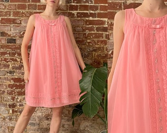 Vintage 1960s Bubblegum Pink Sheer Nylon Overlay Babydoll Slip Dress - Shadowline - Small