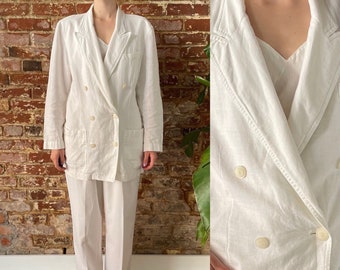 Vintage 1980s White Linen Double Breasted Blazer - 80s Liz Claiborne Linen Blazer - Lizsport - Linen Blend - Size 8 - Oversized