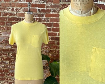 Vintage 1970s Yellow Blank Pocket Tee - 70s Lemon Yellow Plain Pocket T-Shirt - Single Stitch 50/50 - Size Small