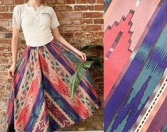 Vintage 1980s 1990s Southwest Print Cotton Skirt - 80s 90s Southwestern Chevron Stripe Midi Skirt - Made USA - M/L 28-36 W