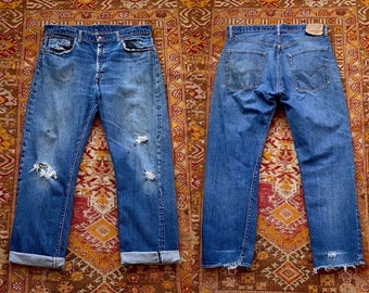 Vintage 1960s Levi's Big E Selvedge Denim Jeans - 60s Levis 505 Big E Faded Thrashed Selvedge Jeans - Rare Red Tab Left Pocket - 35/36 W