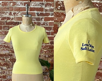 Vintage 1970s I Love You Salt Lake Baby Tee - 70s Salt Lake City Yellow Souvenir T-Shirt - Single Stitch 50/50 Made in USA - XS 13.5&quot; x 16&quot;
