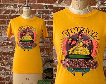 Vintage Original 1974 Pinball Wizard Iron On T-Shirt - 70s Yellow Orange Pinball Wizard Roach Tee - Single Stitch 50/50 - XS 16” x 27.5”